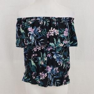 American Eagle Top Floral Off The Shoulder Blouse Boho Black Purple size Small